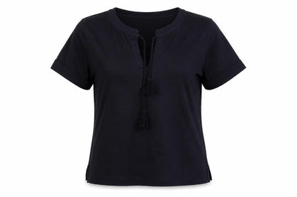 Whistles Women Black UK 8 Cotton Tassel Tie Tunic Blouse Short Sleeve