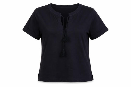 Whistles Women Black UK 8 Cotton Tassel Tie Tunic Blouse Short Sleeve