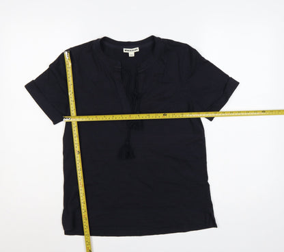 Whistles Women Black UK 8 Cotton Tassel Tie Tunic Blouse Short Sleeve