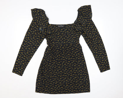 Additional front view of Miss Selfridge Women Black Floral UK 10 Fit & Flare Mini Dress