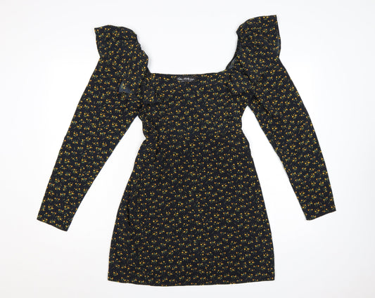 Additional front view of Miss Selfridge Women Black Floral UK 10 Fit & Flare Mini Dress