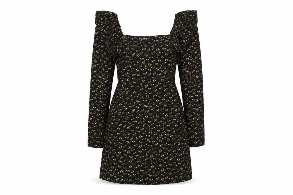 Front view of Miss Selfridge Women Black Floral UK 10 Fit & Flare Mini Dress