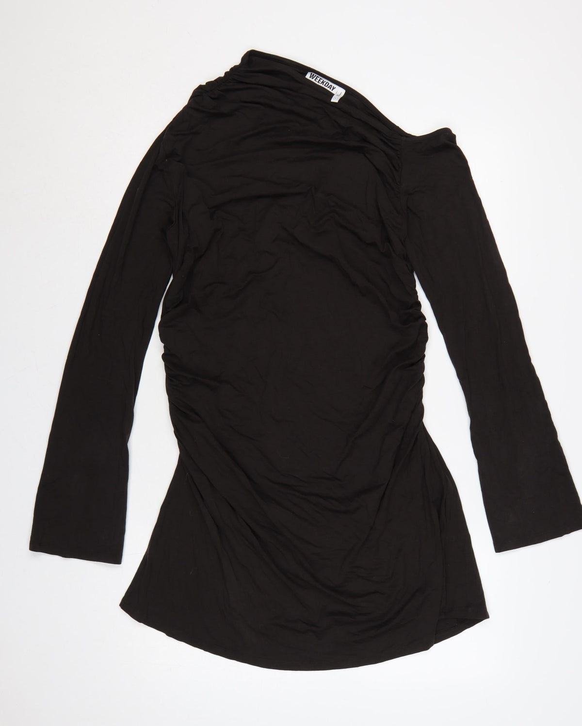 Weekday Women Black XL One Shoulder Ruched Long Sleeve Fit & Flare Dress