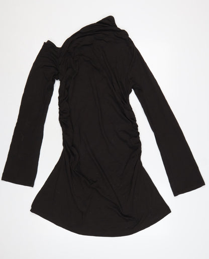 Weekday Women Black XL One Shoulder Ruched Long Sleeve Fit & Flare Dress