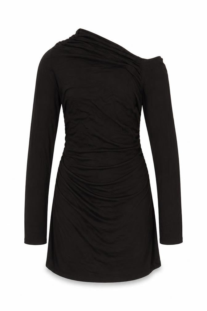 Weekday Women Black XL One Shoulder Ruched Long Sleeve Fit & Flare Dress