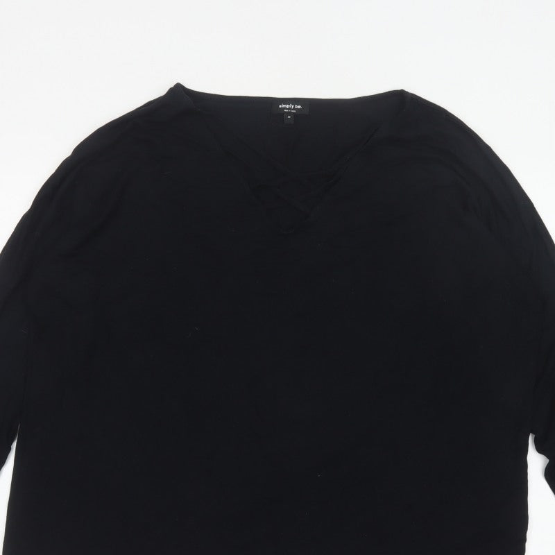 Simply Be Women’s Black Size 22 V-Neck Strap Detail 3/4 Sleeve Blouse