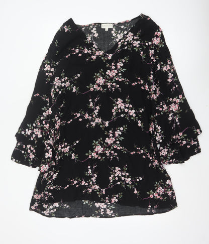 Apricot Women Black Floral UK 14 Fit & Flare V-Neck Bell Sleeve Dress