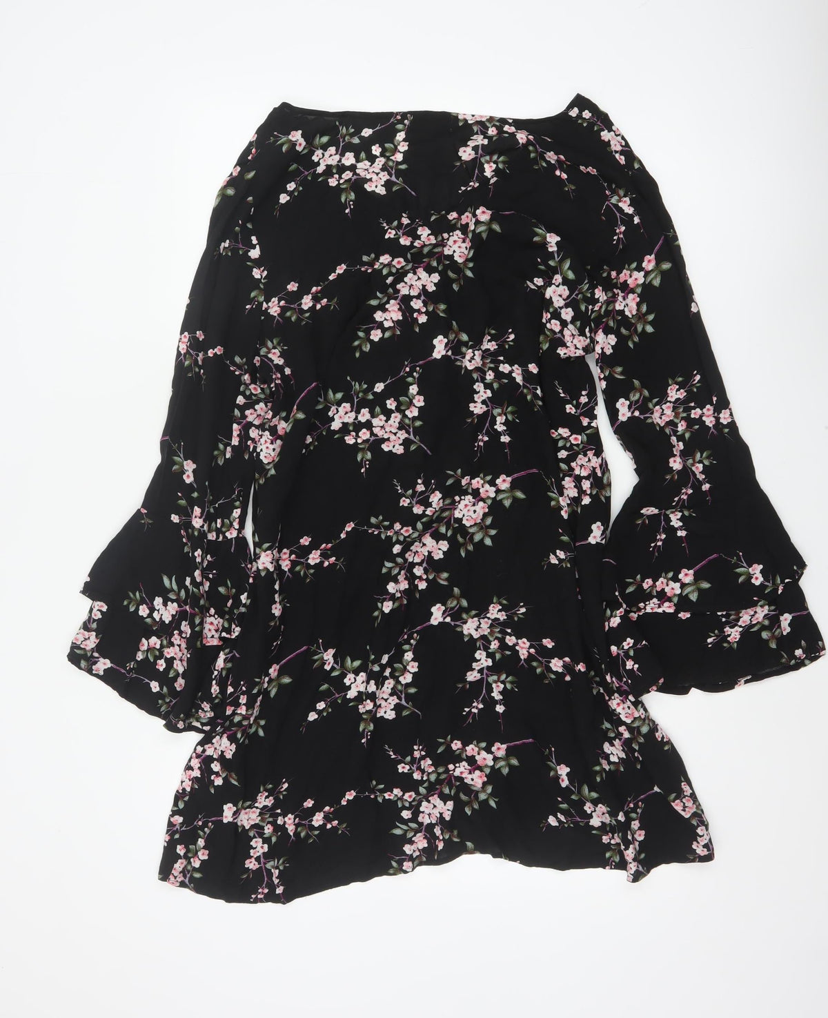 Apricot Women Black Floral UK 14 Fit & Flare V-Neck Bell Sleeve Dress