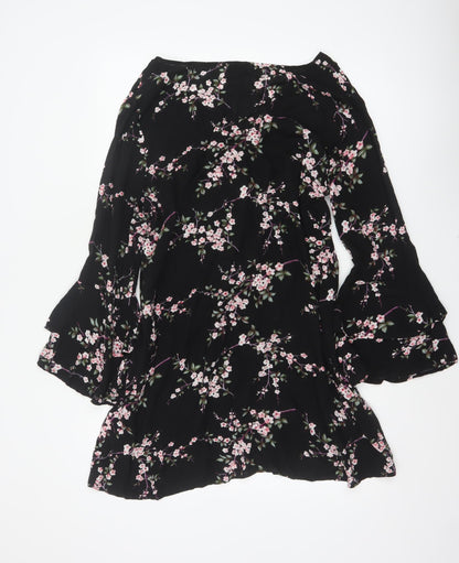 Apricot Women Black Floral UK 14 Fit & Flare V-Neck Bell Sleeve Dress