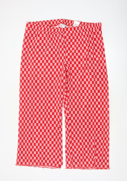 Monki Women’s Red Pink Check Pleated Wide-Leg Trousers 2XL
