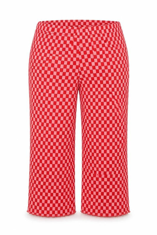 Monki Women’s Red Pink Check Pleated Wide-Leg Trousers 2XL