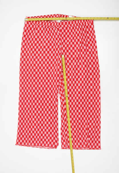 Monki Women’s Red Pink Check Pleated Wide-Leg Trousers 2XL