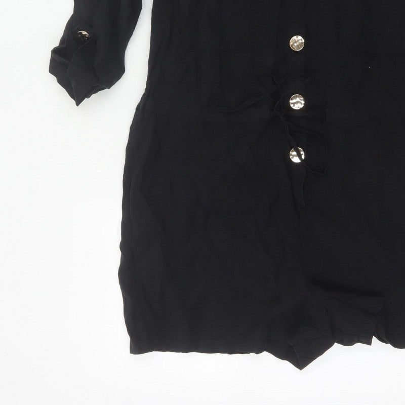 River Island Women Black Size 10 Utility Button Belted Long Sleeve Playsuit