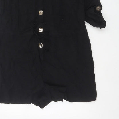 River Island Women Black Size 10 Utility Button Belted Long Sleeve Playsuit