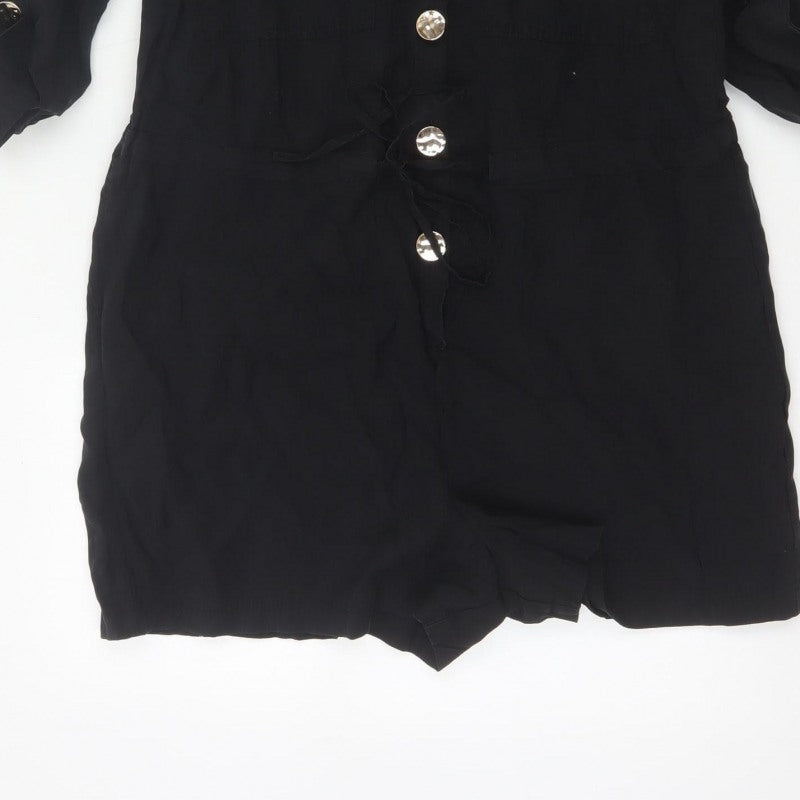 River Island Women Black Size 10 Utility Button Belted Long Sleeve Playsuit