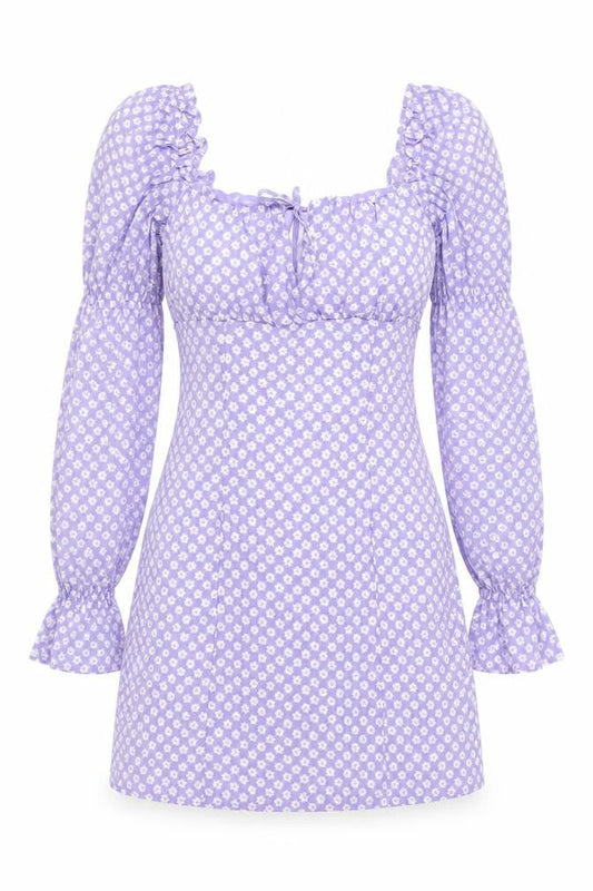 H&M Women Purple Floral UK 8 Fit & Flare Puff Sleeve Mini Dress