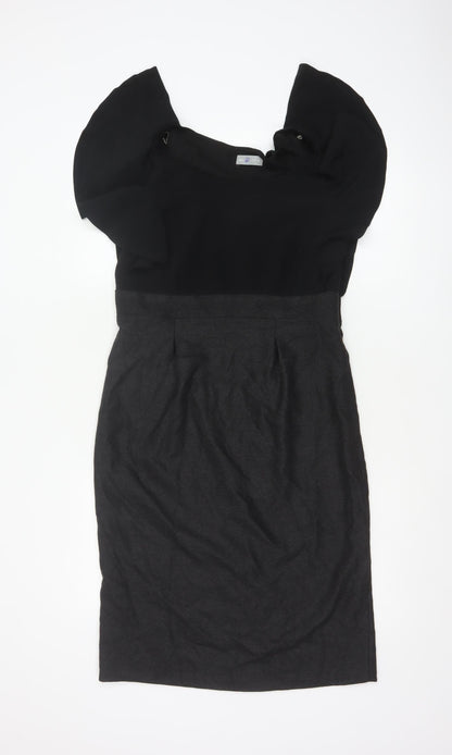 Per Una Women Black & Grey UK 12 Pencil Dress Puff Sleeve Workwear