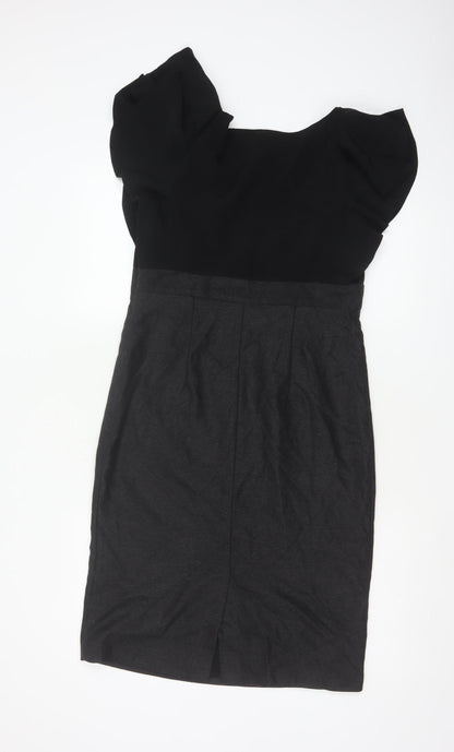 Per Una Women Black & Grey UK 12 Pencil Dress Puff Sleeve Workwear