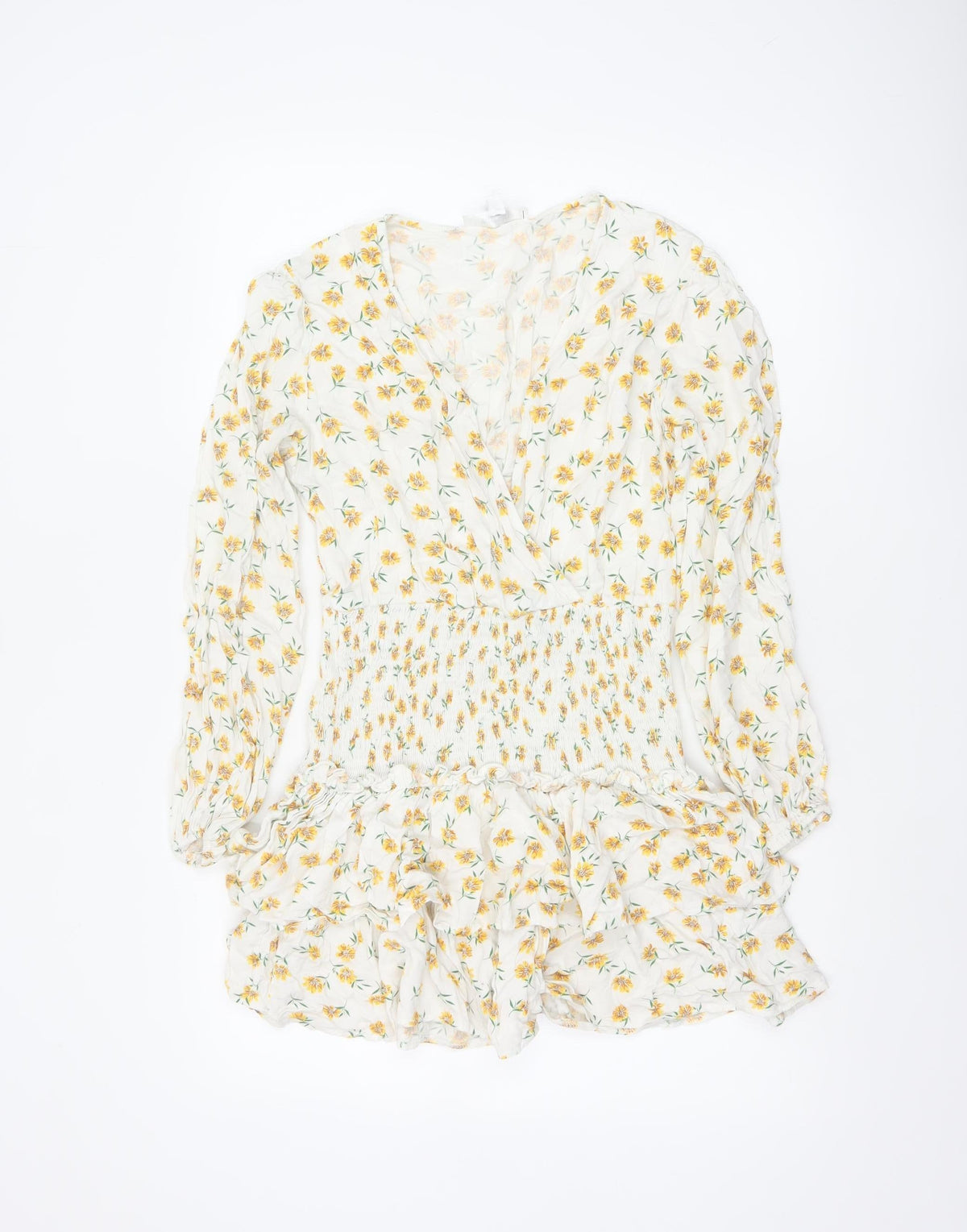 Missguided Women Ivory Yellow Floral Wrap Smocked Mini Dress UK 10