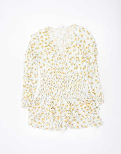 Missguided Women Ivory Yellow Floral Wrap Smocked Mini Dress UK 10