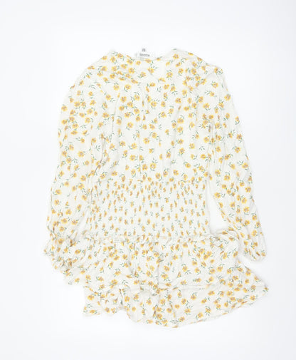 Missguided Women Ivory Yellow Floral Wrap Smocked Mini Dress UK 10