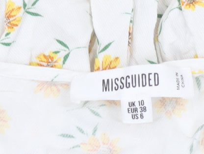 Missguided Women Ivory Yellow Floral Wrap Smocked Mini Dress UK 10