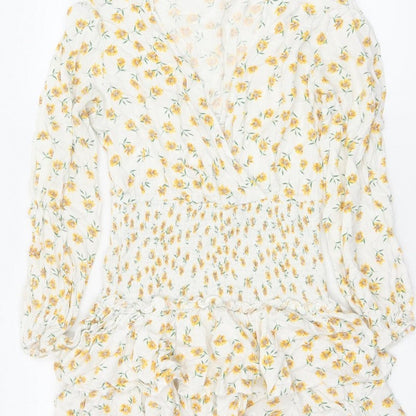 Missguided Women Ivory Yellow Floral Wrap Smocked Mini Dress UK 10