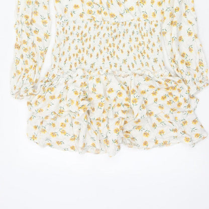 Missguided Women Ivory Yellow Floral Wrap Smocked Mini Dress UK 10