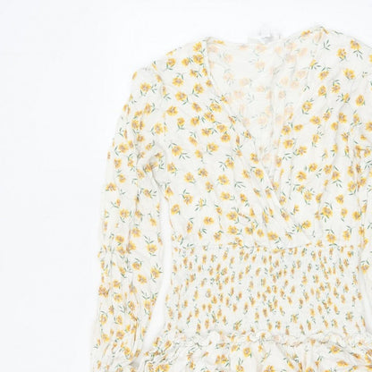 Missguided Women Ivory Yellow Floral Wrap Smocked Mini Dress UK 10