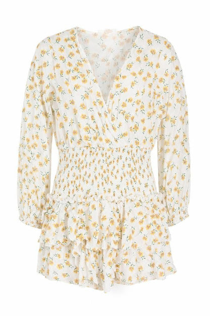 Missguided Women Ivory Yellow Floral Wrap Smocked Mini Dress UK 10