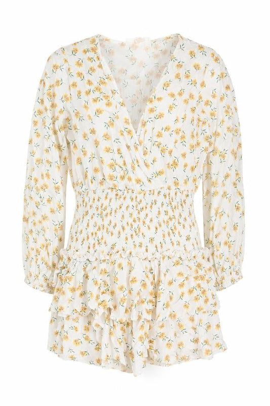 Missguided Women Ivory Yellow Floral Wrap Smocked Mini Dress UK 10