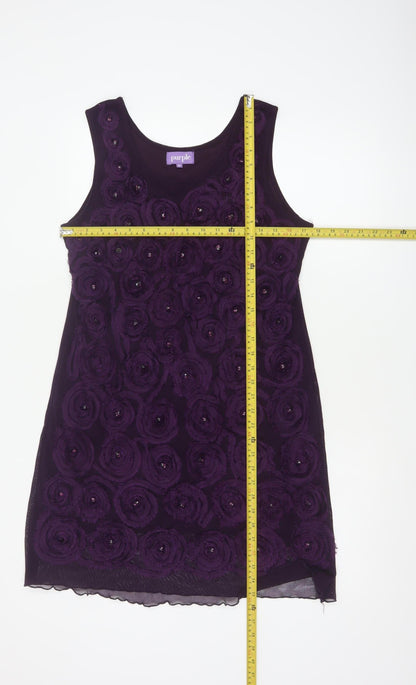 Purple Women Purple M Shift Knee Length Floral Rosette Beaded Party Dress