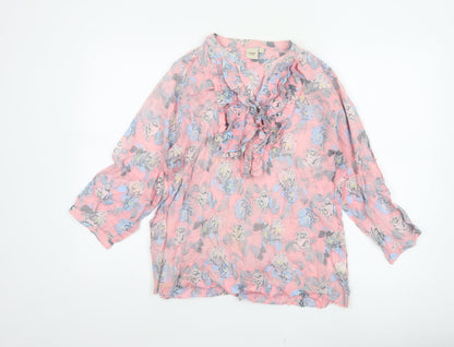 Cotton Traders Women Pink Floral Ruffle V-Neck Tunic Blouse UK 14