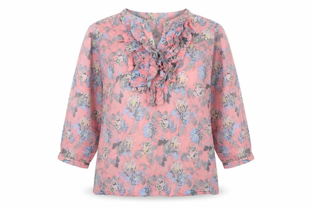 Cotton Traders Women Pink Floral Ruffle V-Neck Tunic Blouse UK 14