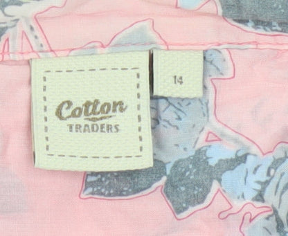 Cotton Traders Women Pink Floral Ruffle V-Neck Tunic Blouse UK 14