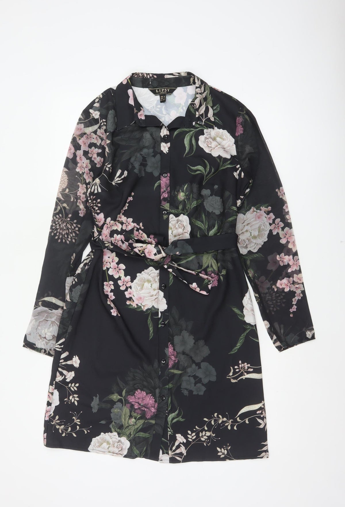 Lipsy Women Black Floral Belted Shirt Dress UK 8 Knee Length