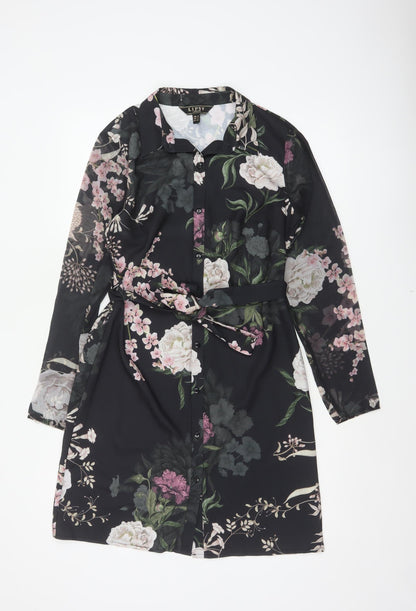 Lipsy Women Black Floral Belted Shirt Dress UK 8 Knee Length