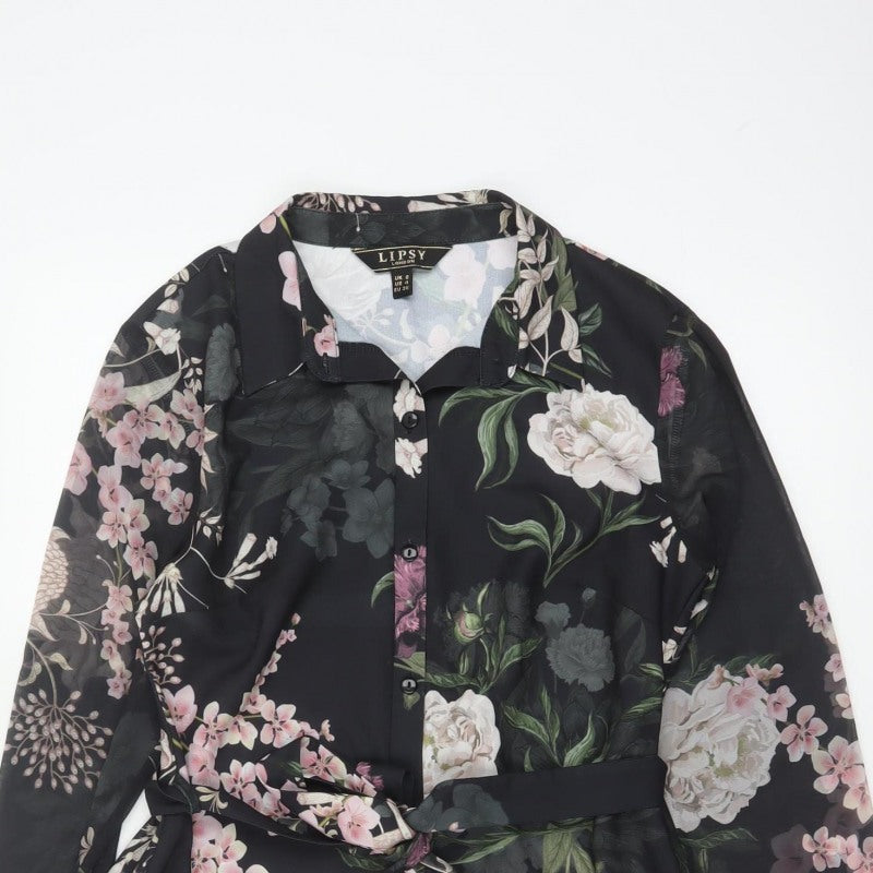 Lipsy Women Black Floral Belted Shirt Dress UK 8 Knee Length