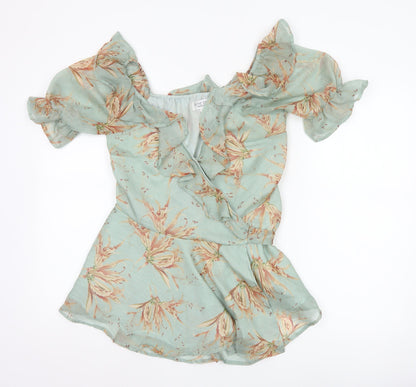 In The Style Women Green UK 10 Floral Wrap Ruffle Off Shoulder Blouse