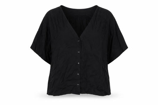 Stradivarius Women Black S V-Neck Short Sleeve Button-Up Blouse