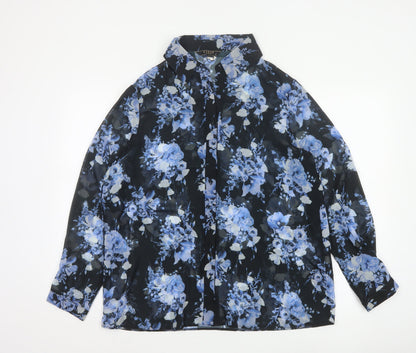 Lipsy London Women’s Black Blue Floral Chiffon Button-Up Blouse UK 14