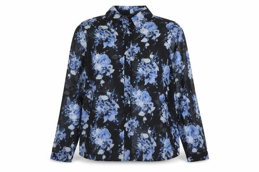 Lipsy London Women’s Black Blue Floral Chiffon Button-Up Blouse UK 14