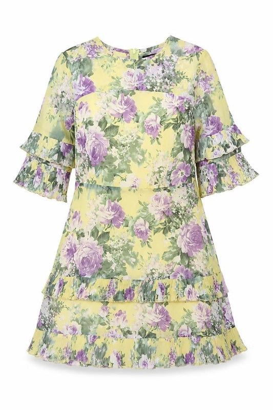 Boohoo Women Yellow Floral UK 10 Fit & Flare Chiffon Ruffle Dress