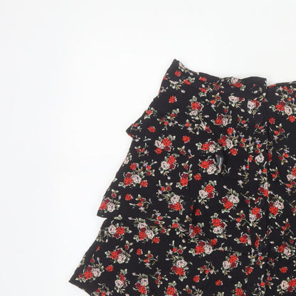 Zara Women Black Size 8 Floral Tiered Ruffle Skater Mini Skirt