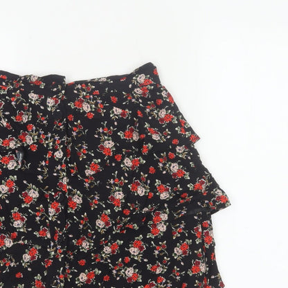 Zara Women Black Size 8 Floral Tiered Ruffle Skater Mini Skirt