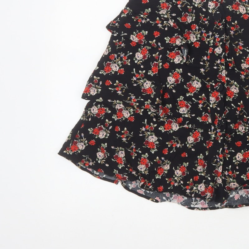 Zara Women Black Size 8 Floral Tiered Ruffle Skater Mini Skirt