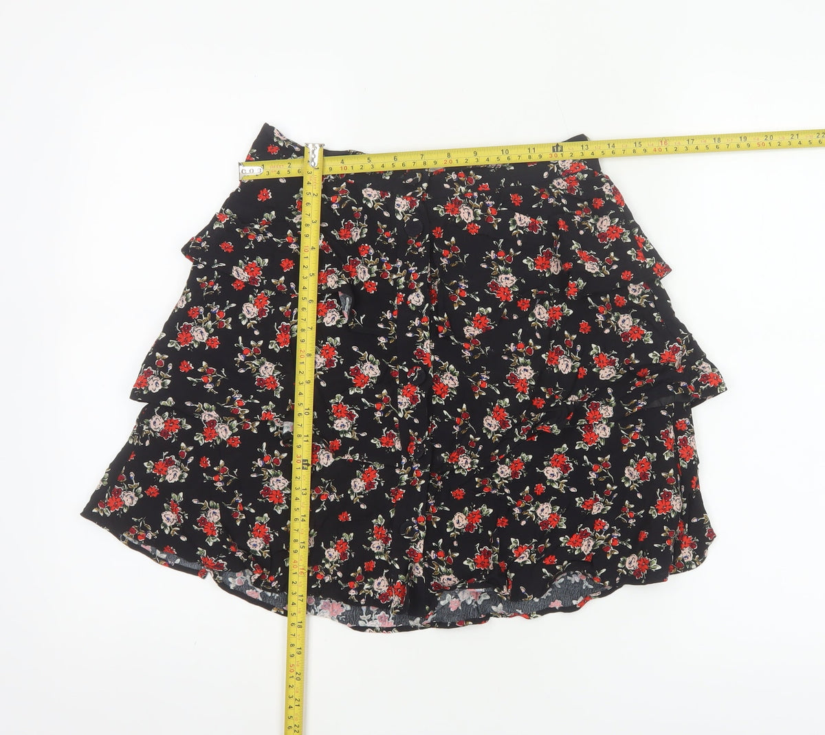 Zara Women Black Size 8 Floral Tiered Ruffle Skater Mini Skirt