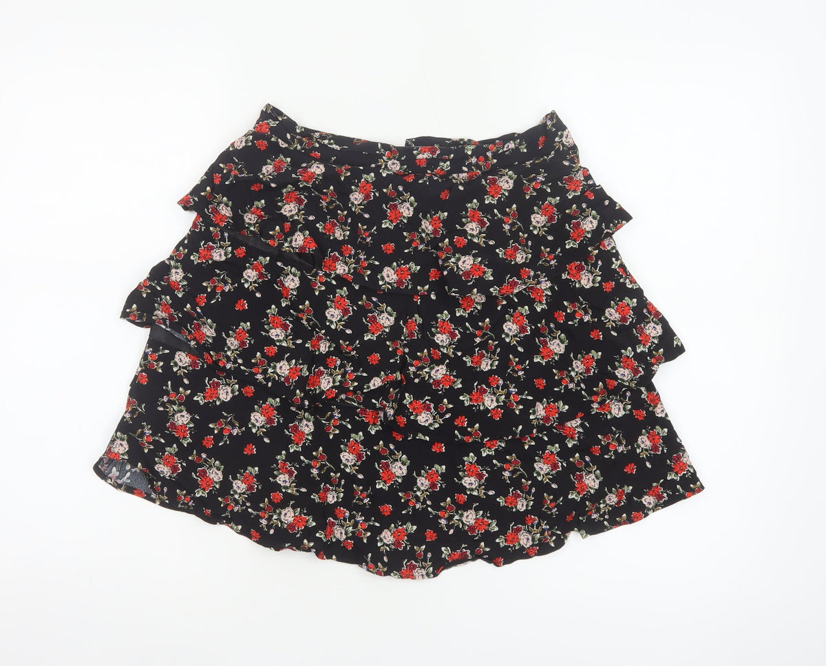 Zara Women Black Size 8 Floral Tiered Ruffle Skater Mini Skirt