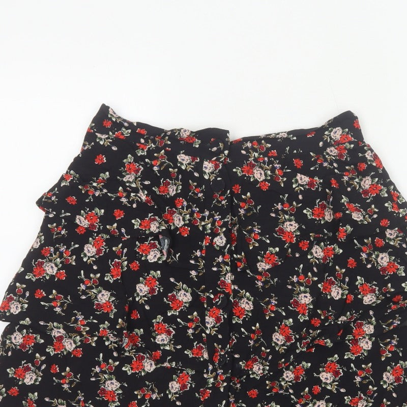 Zara Women Black Size 8 Floral Tiered Ruffle Skater Mini Skirt