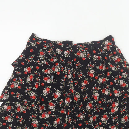 Zara Women Black Size 8 Floral Tiered Ruffle Skater Mini Skirt